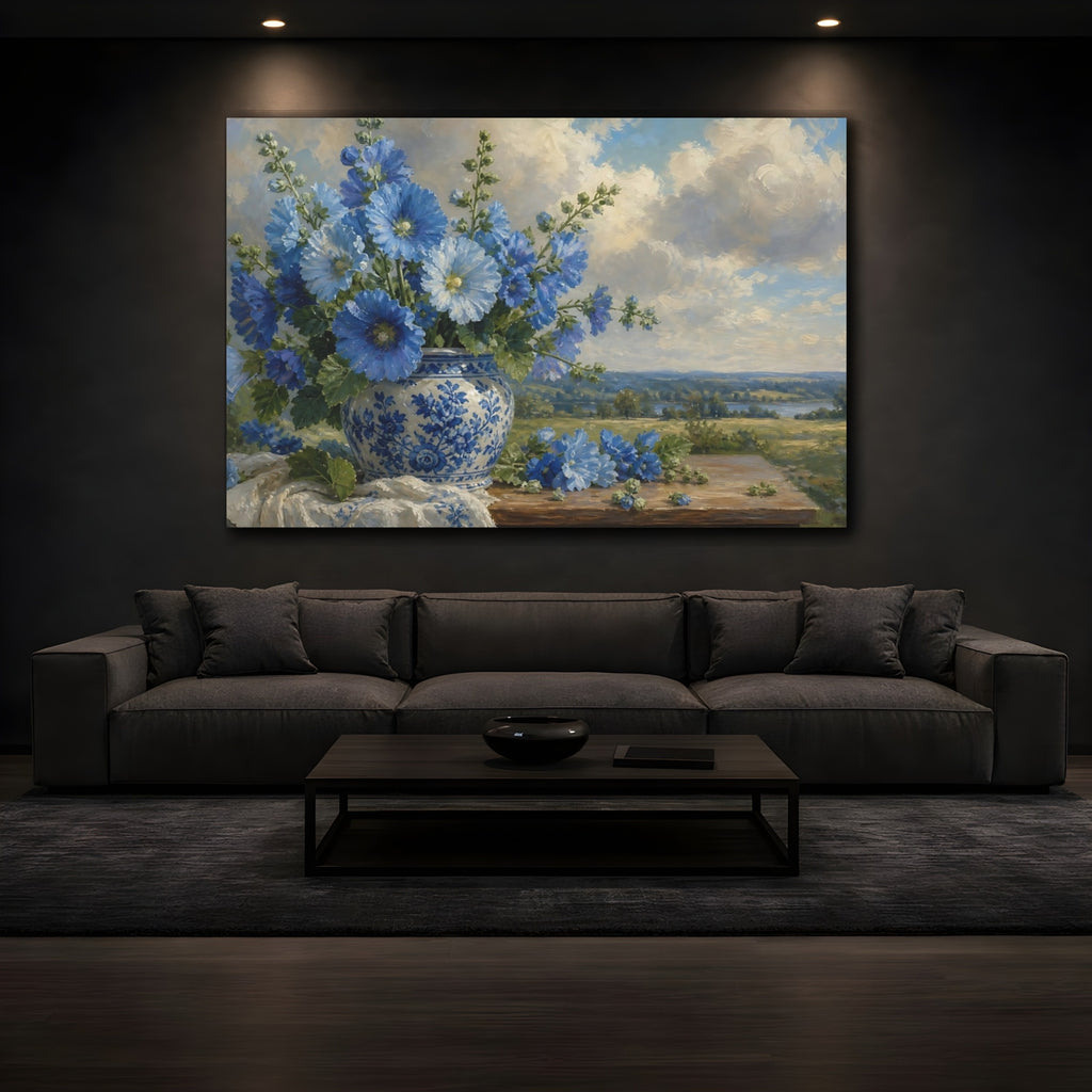 Mockup 3. Romantic Oil Painting Blue Hollyhocks In Porcelain Jar Beneath Cloudy Light shown as stretched canvas wall art