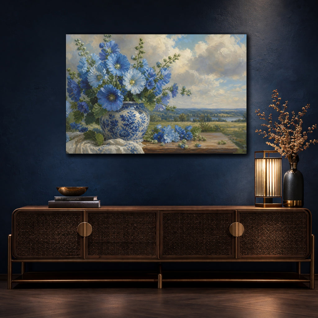Mockup 4. Romantic Oil Painting Blue Hollyhocks In Porcelain Jar Beneath Cloudy Light shown as stretched canvas wall art