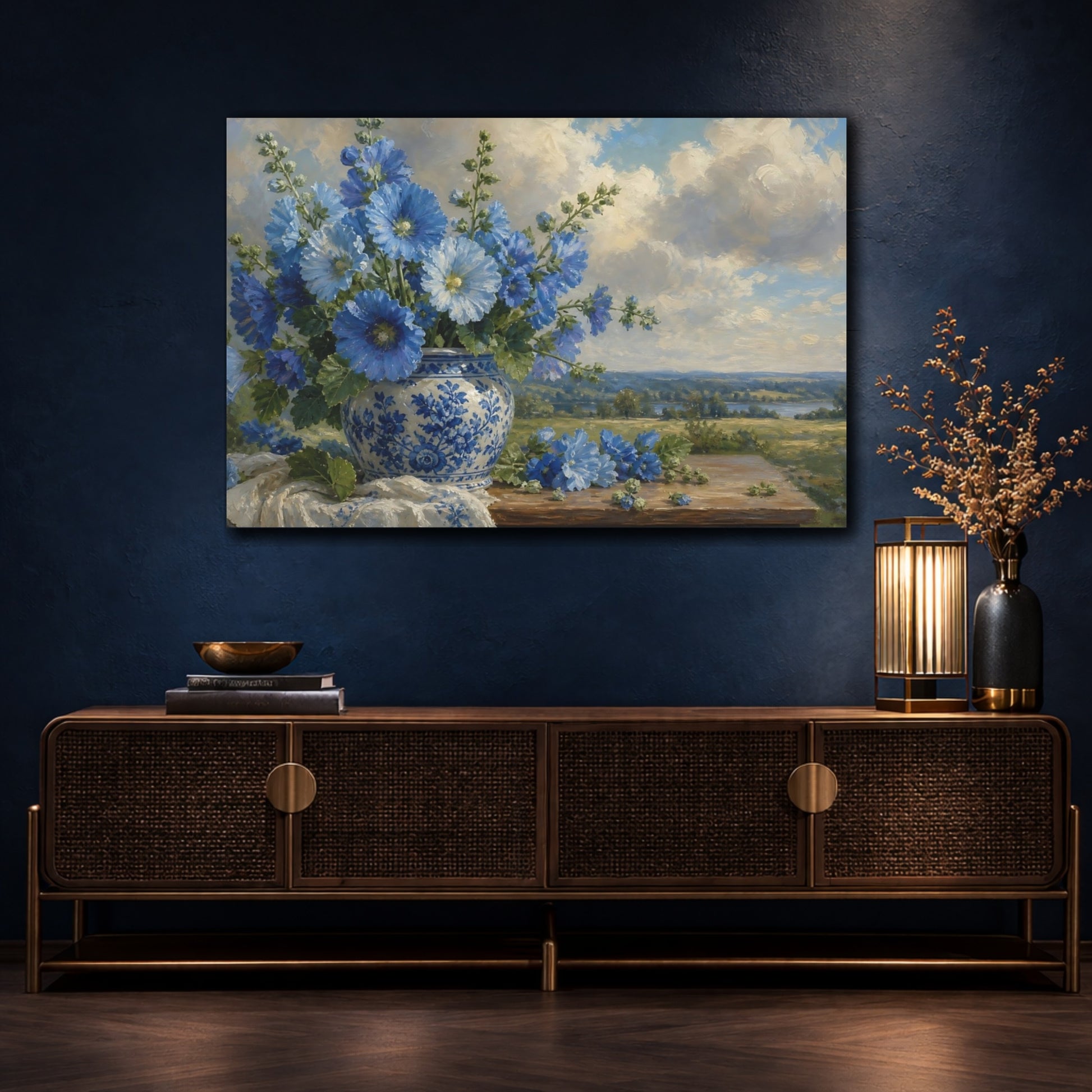 Mockup 4. Romantic Oil Painting Blue Hollyhocks In Porcelain Jar Beneath Cloudy Light shown as stretched canvas wall art