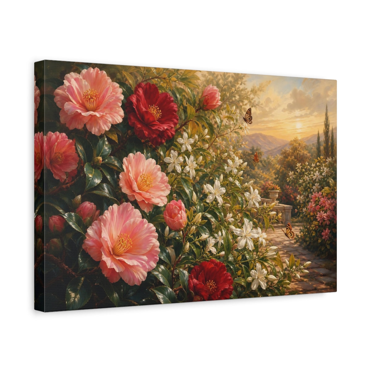 Side Mockup 4. Romantic Oil Painting Camellias And Jasmine In Late Afternoon With Small Butterflies shown as stretched canvas wall art