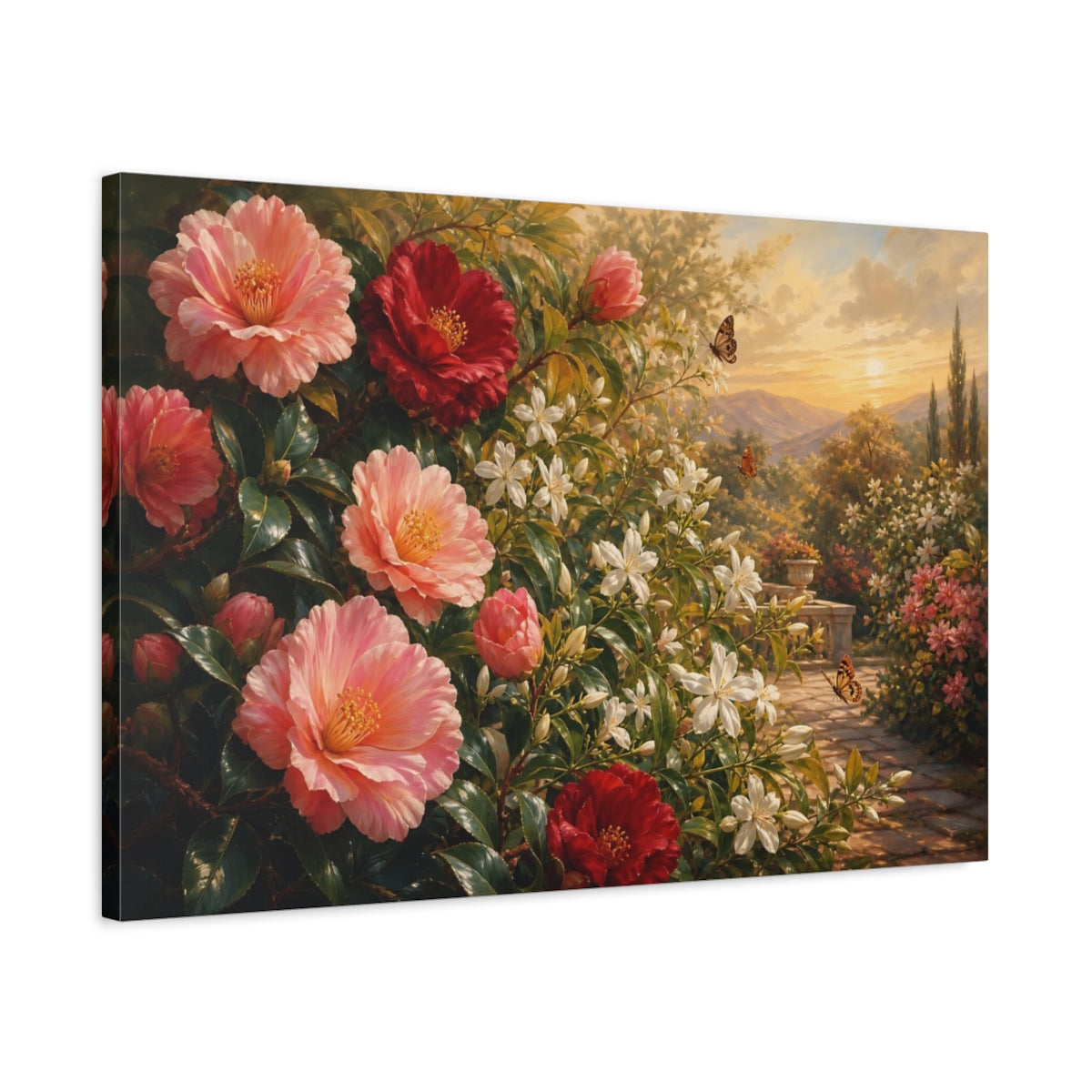 Side Mockup 2. Romantic Oil Painting Camellias And Jasmine In Late Afternoon With Small Butterflies shown as stretched canvas wall art