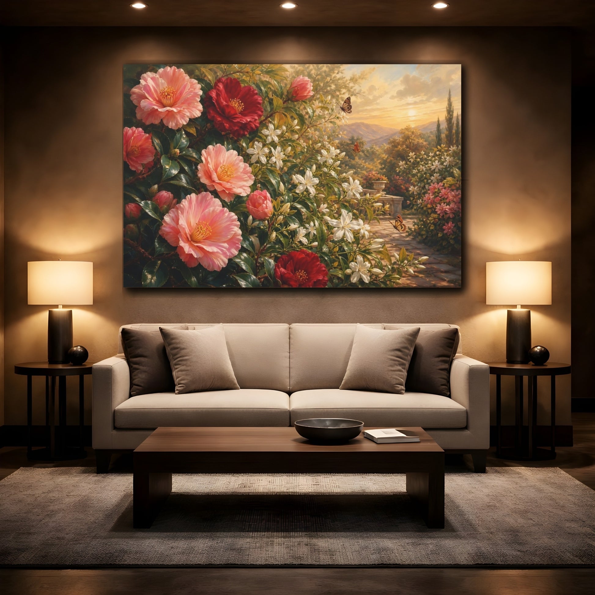 Mockup 2. Romantic Oil Painting Camellias And Jasmine In Late Afternoon With Small Butterflies shown as stretched canvas wall art