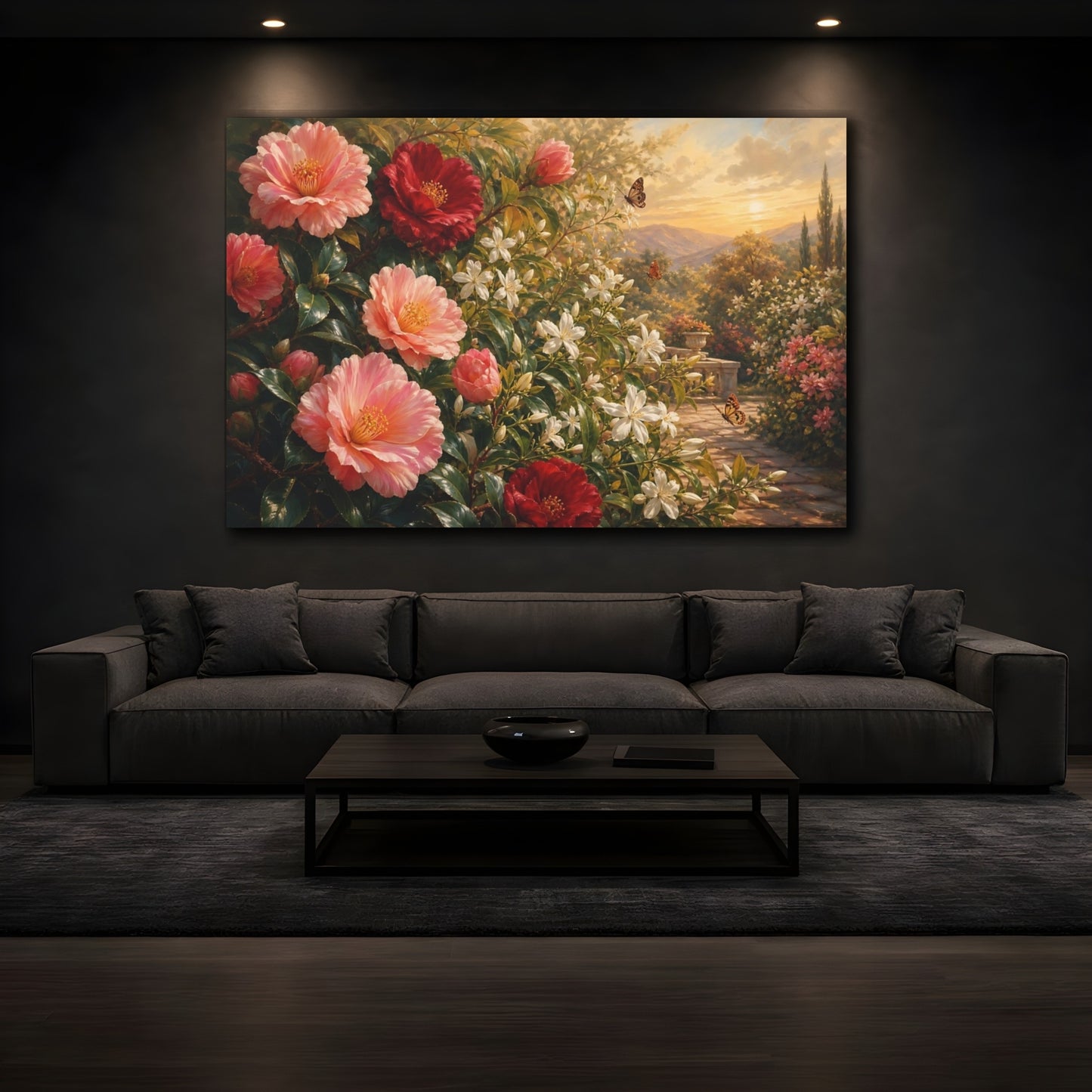 Mockup 3. Romantic Oil Painting Camellias And Jasmine In Late Afternoon With Small Butterflies shown as stretched canvas wall art