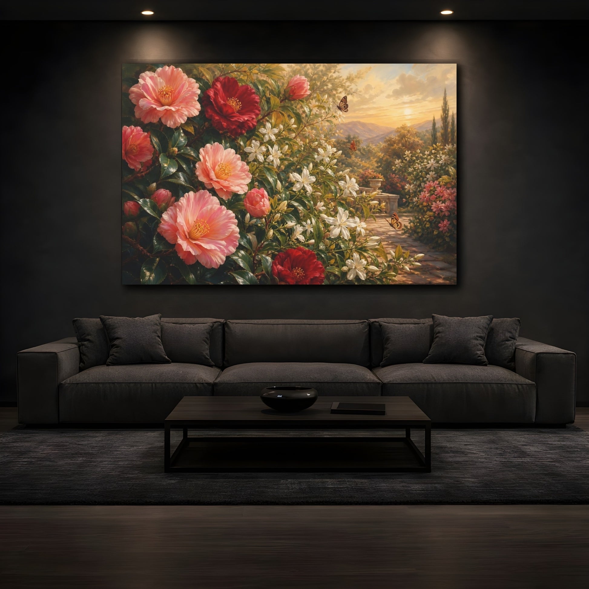 Mockup 3. Romantic Oil Painting Camellias And Jasmine In Late Afternoon With Small Butterflies shown as stretched canvas wall art