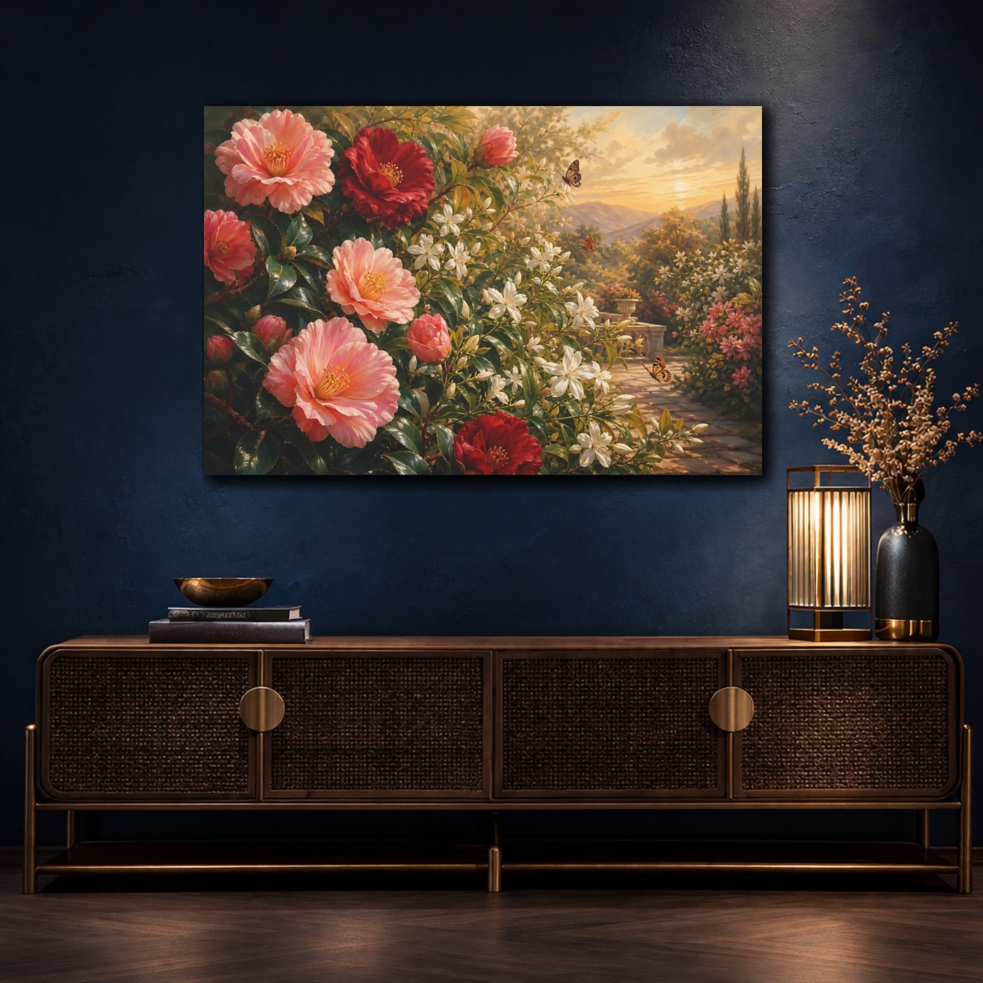 Mockup 4. Romantic Oil Painting Camellias And Jasmine In Late Afternoon With Small Butterflies shown as stretched canvas wall art