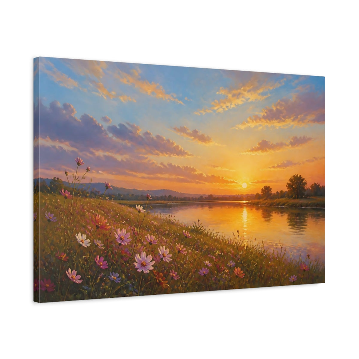 Side Mockup 2. Romantic Oil Painting Cosmos Along Riverside Grass In Late Afternoon shown as stretched canvas wall art