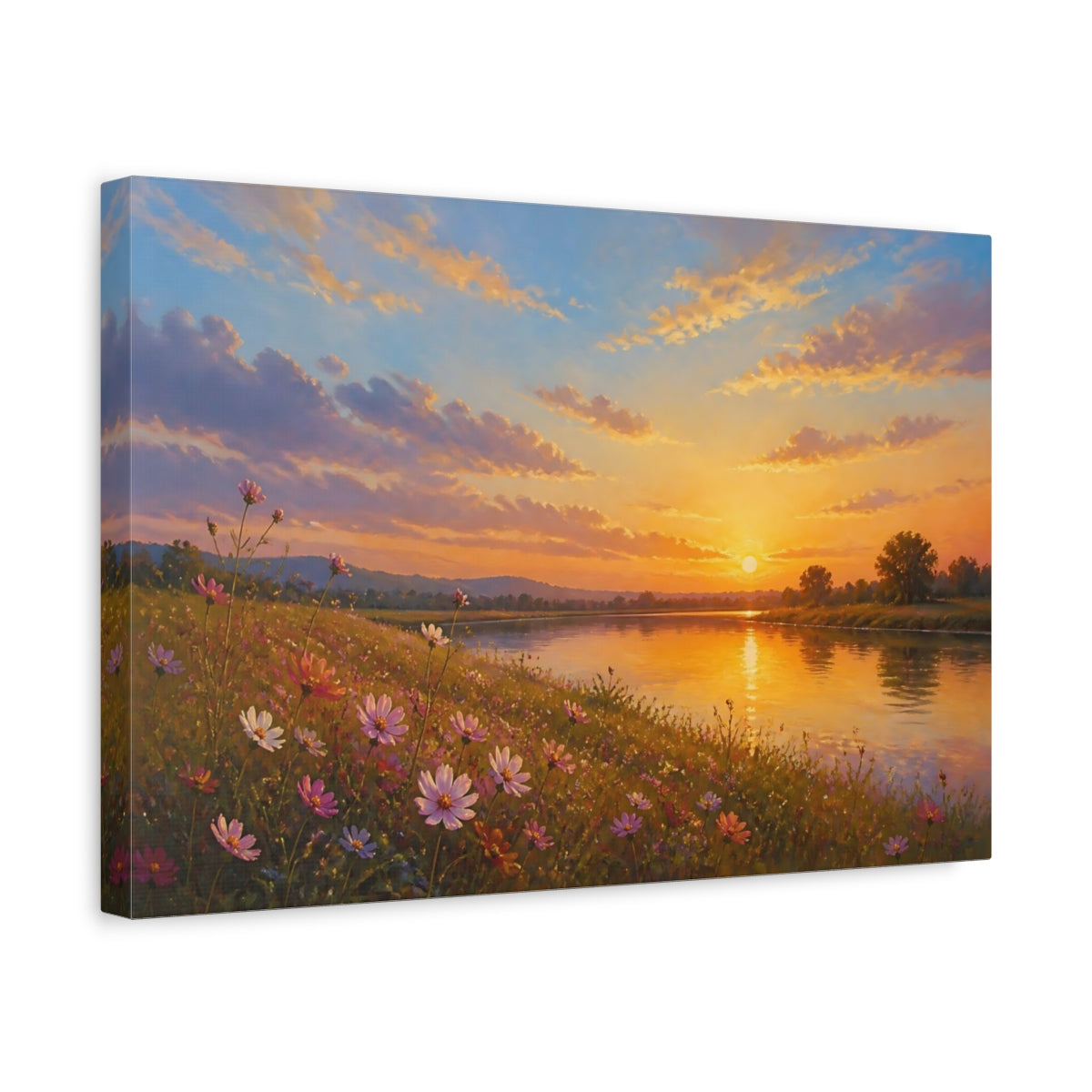 Side Mockup 4. Romantic Oil Painting Cosmos Along Riverside Grass In Late Afternoon shown as stretched canvas wall art