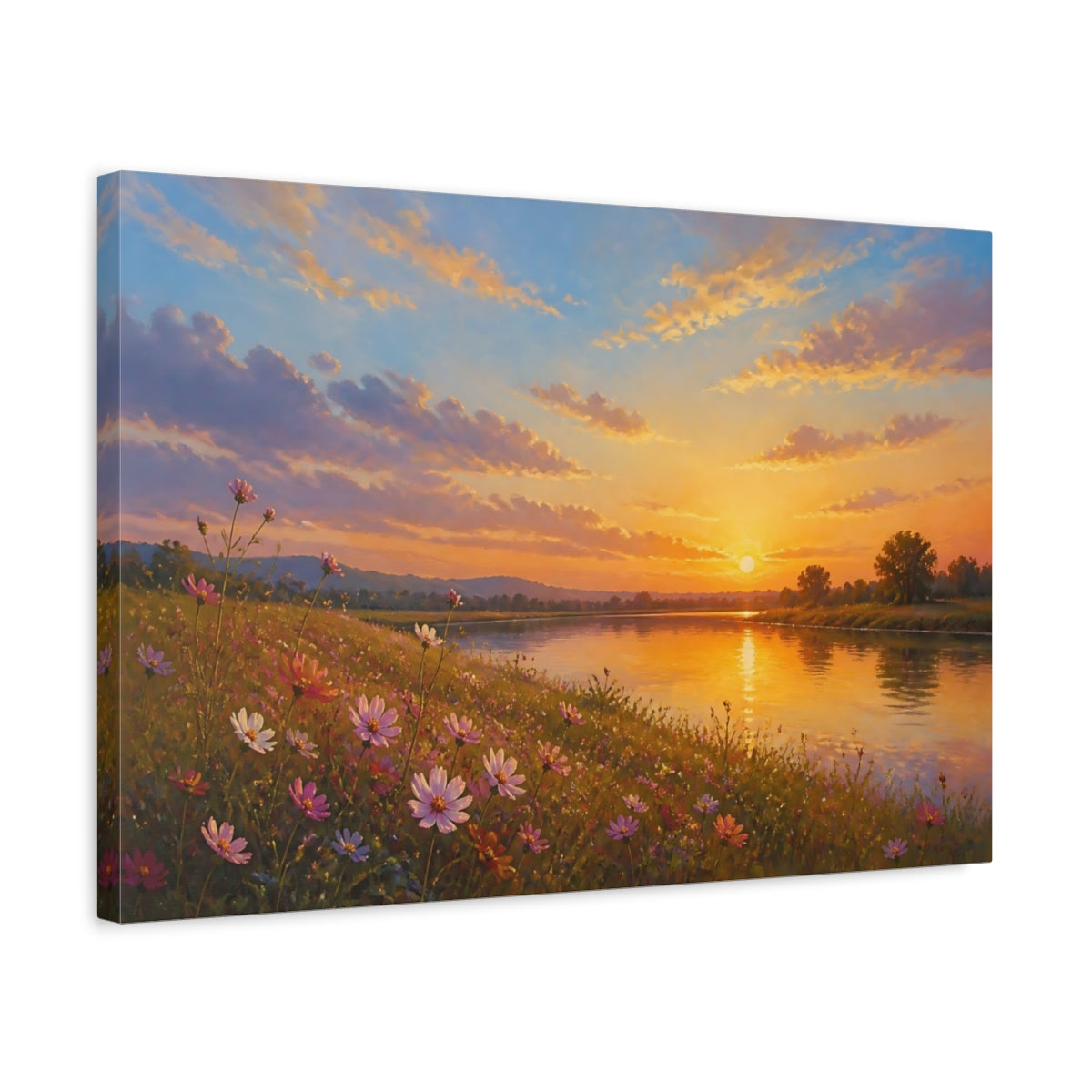 Side Mockup 3. Romantic Oil Painting Cosmos Along Riverside Grass In Late Afternoon shown as stretched canvas wall art