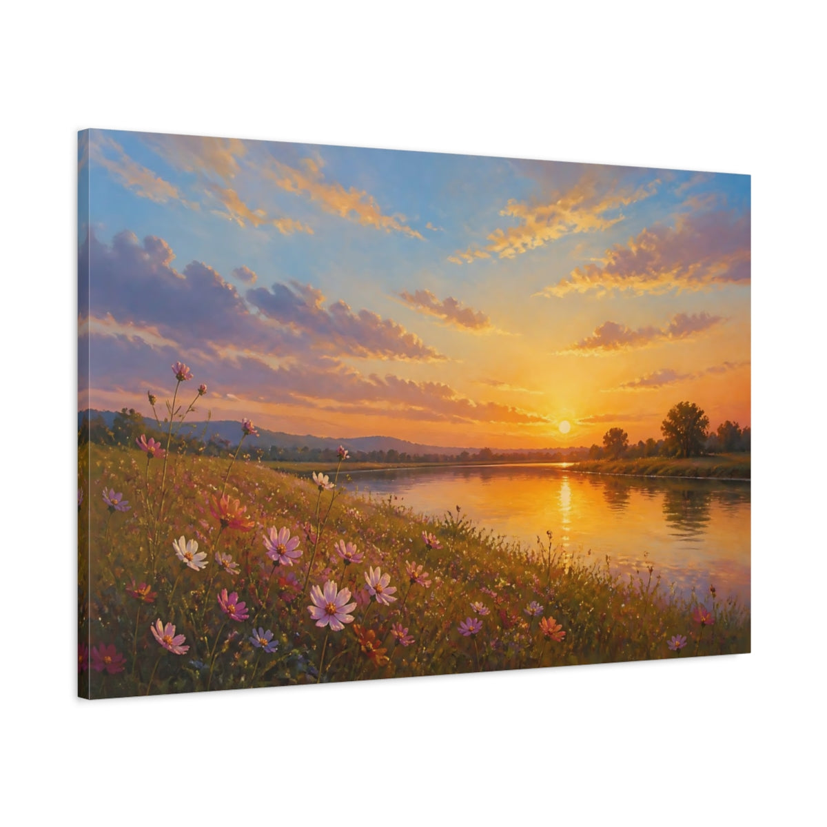 Main Mockup. Romantic Oil Painting Cosmos Along Riverside Grass In Late Afternoon shown as stretched canvas wall art