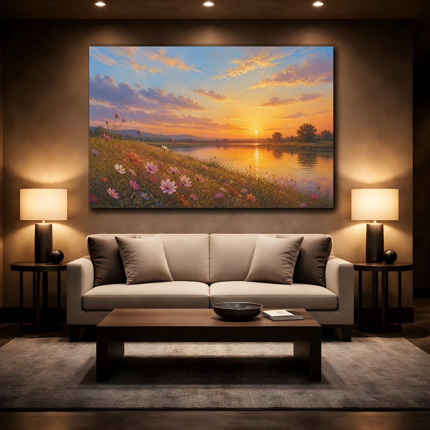 Mockup 2. Romantic Oil Painting Cosmos Along Riverside Grass In Late Afternoon shown as stretched canvas wall art