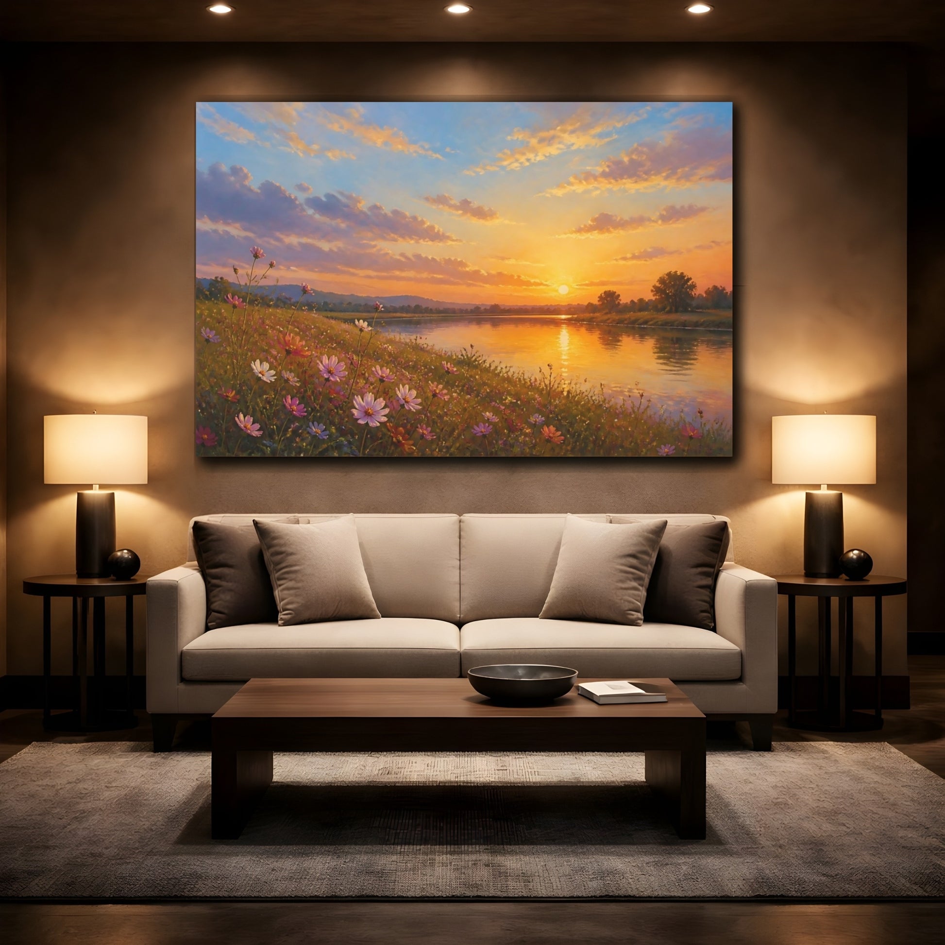 Mockup 2. Romantic Oil Painting Cosmos Along Riverside Grass In Late Afternoon shown as stretched canvas wall art
