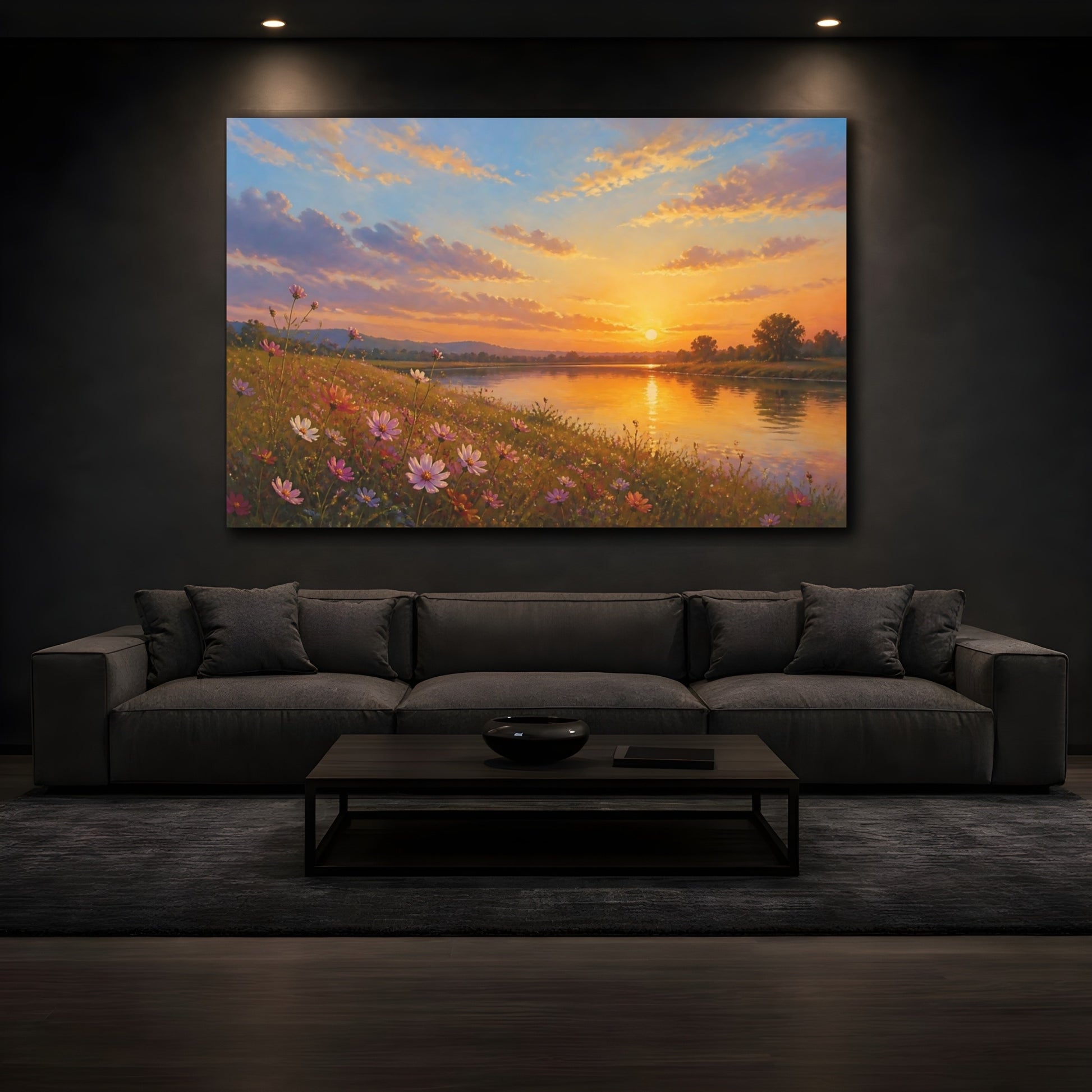 Mockup 3. Romantic Oil Painting Cosmos Along Riverside Grass In Late Afternoon shown as stretched canvas wall art