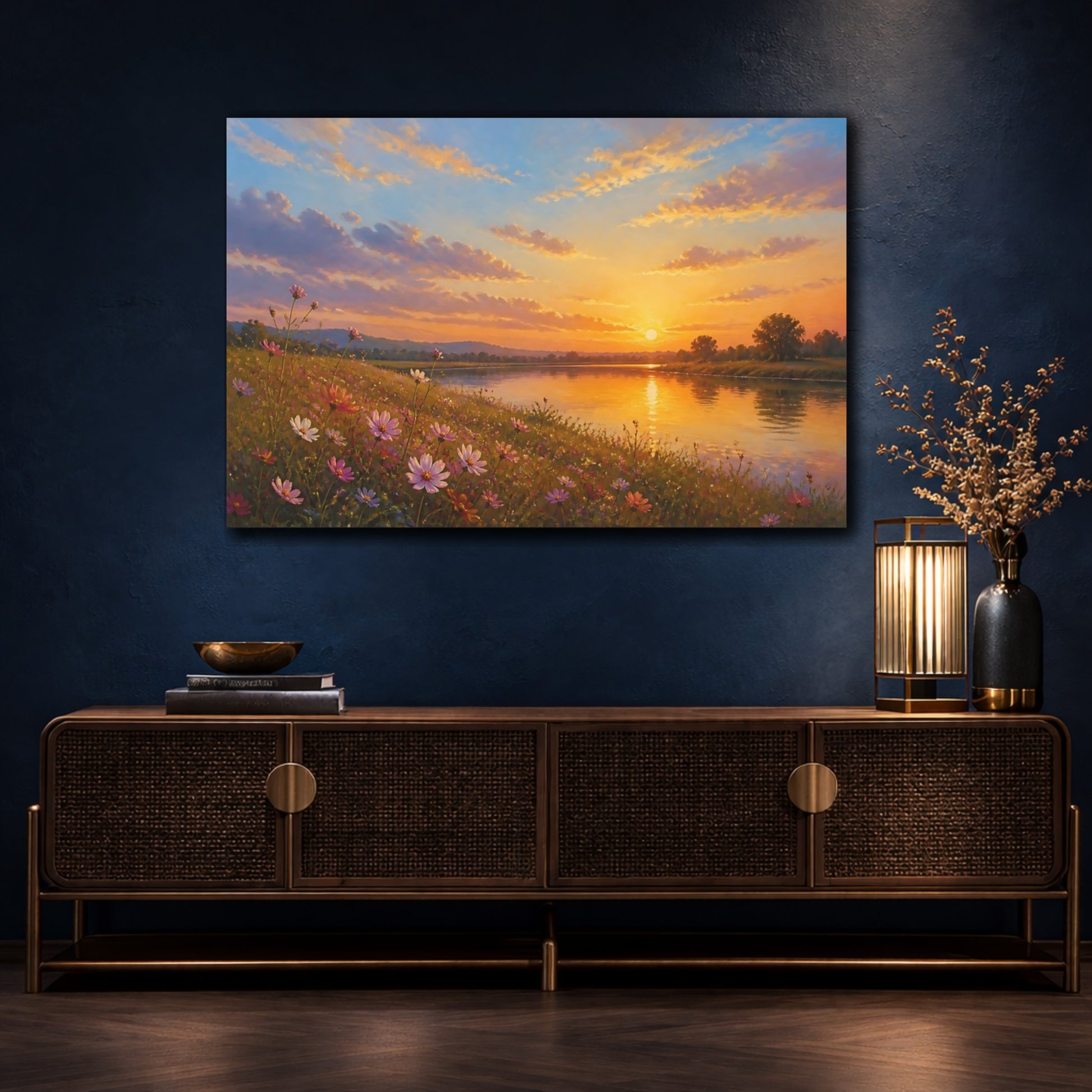 Mockup 4. Romantic Oil Painting Cosmos Along Riverside Grass In Late Afternoon shown as stretched canvas wall art