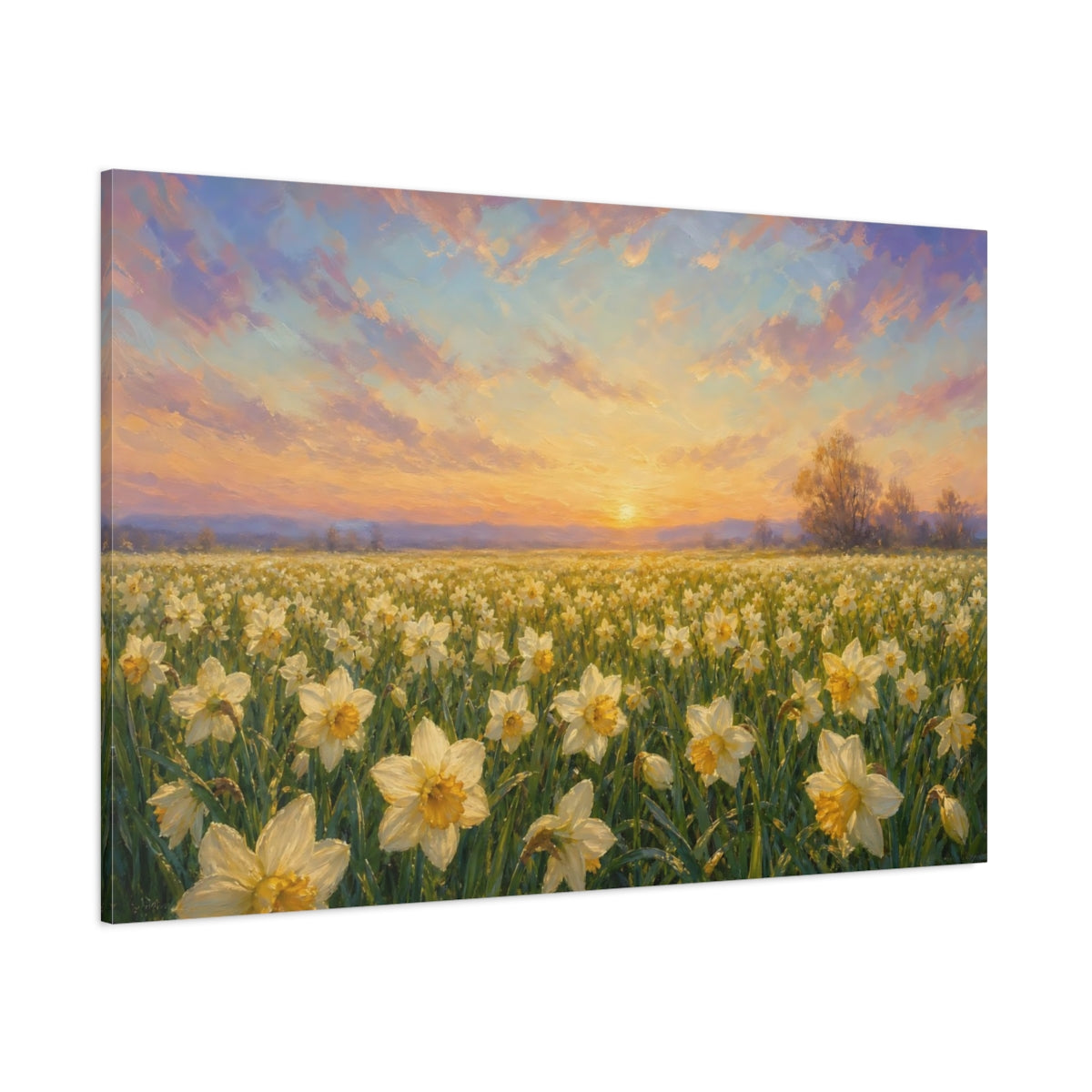 Side Mockup 1. Romantic Oil Painting Field Of Cream Spring Daffodils Under Early Dawn shown as stretched canvas wall art