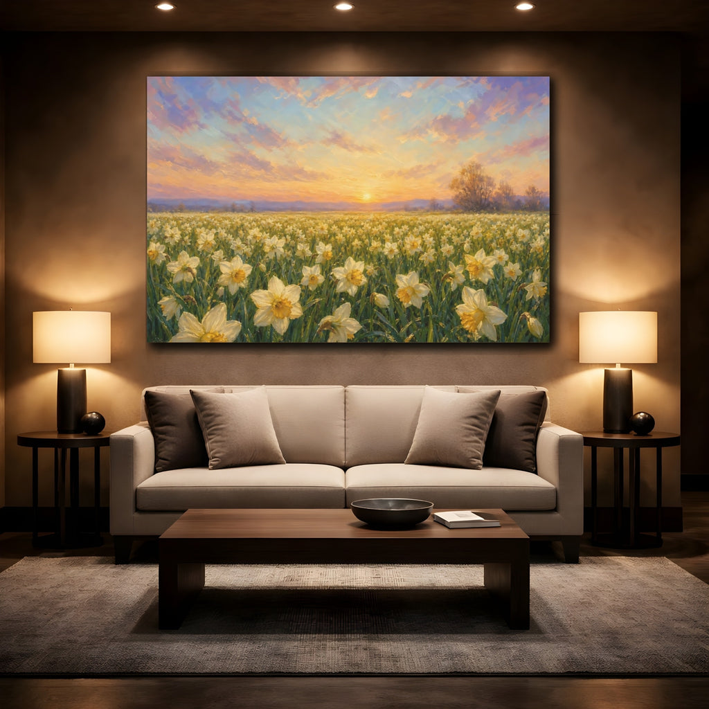 Mockup 2. Romantic Oil Painting Field Of Cream Spring Daffodils Under Early Dawn shown as stretched canvas wall art