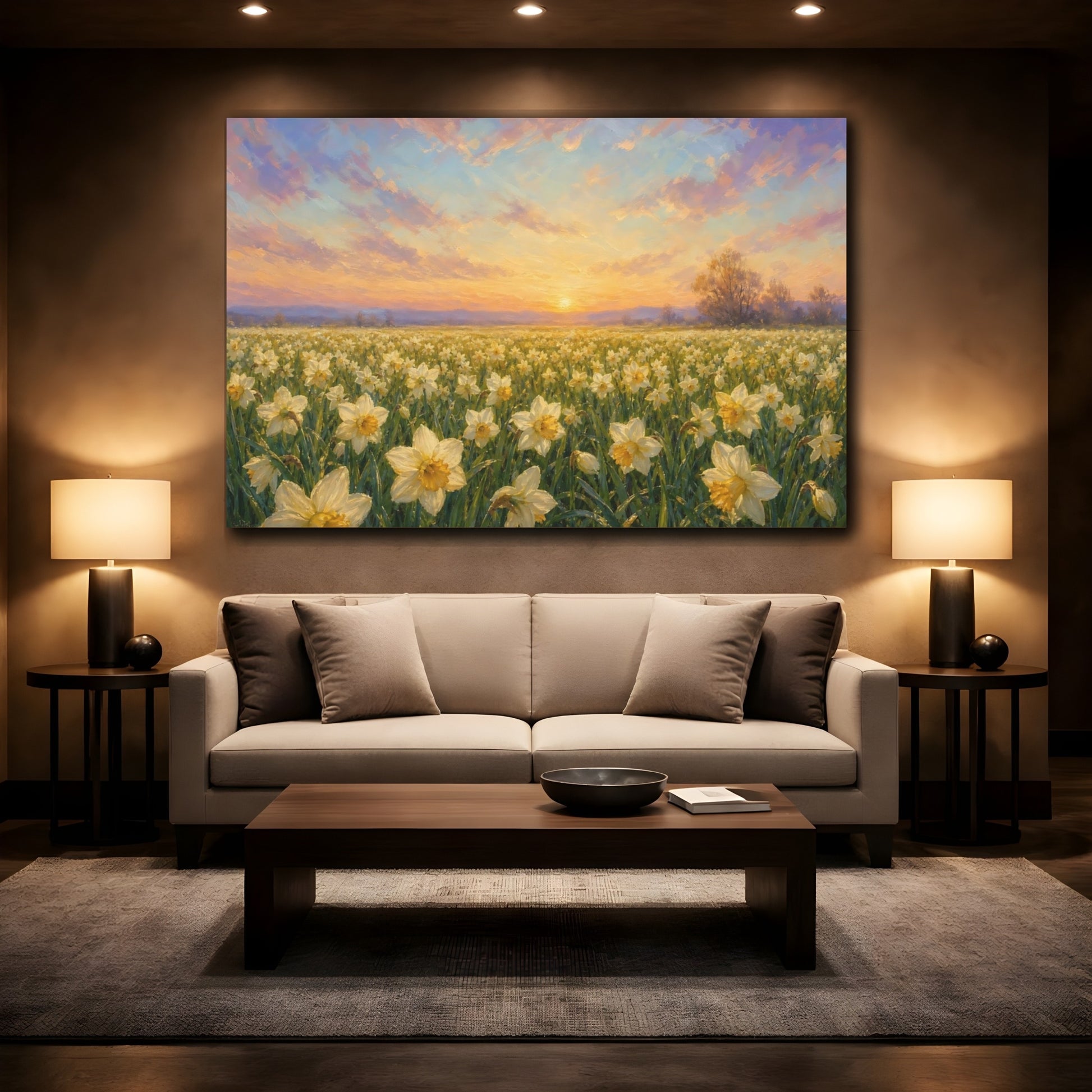 Mockup 2. Romantic Oil Painting Field Of Cream Spring Daffodils Under Early Dawn shown as stretched canvas wall art