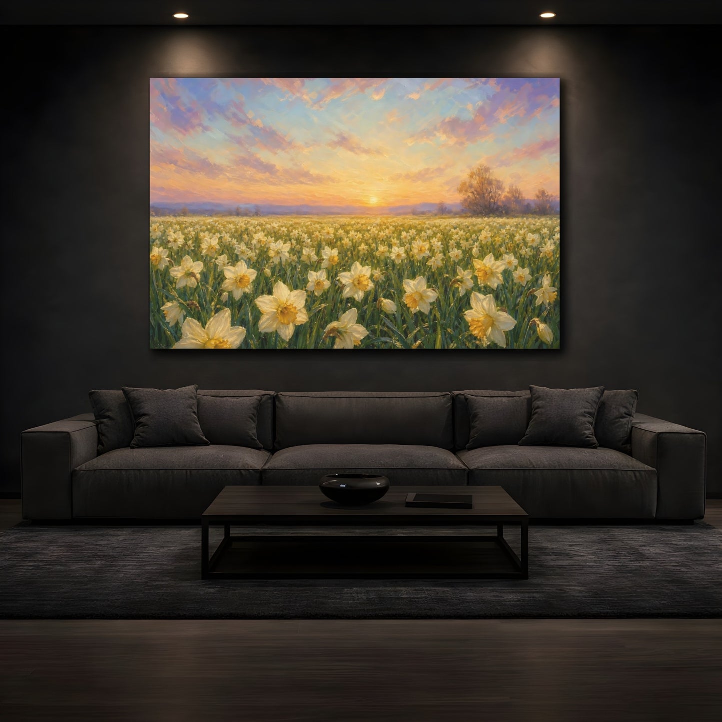 Mockup 3. Romantic Oil Painting Field Of Cream Spring Daffodils Under Early Dawn shown as stretched canvas wall art