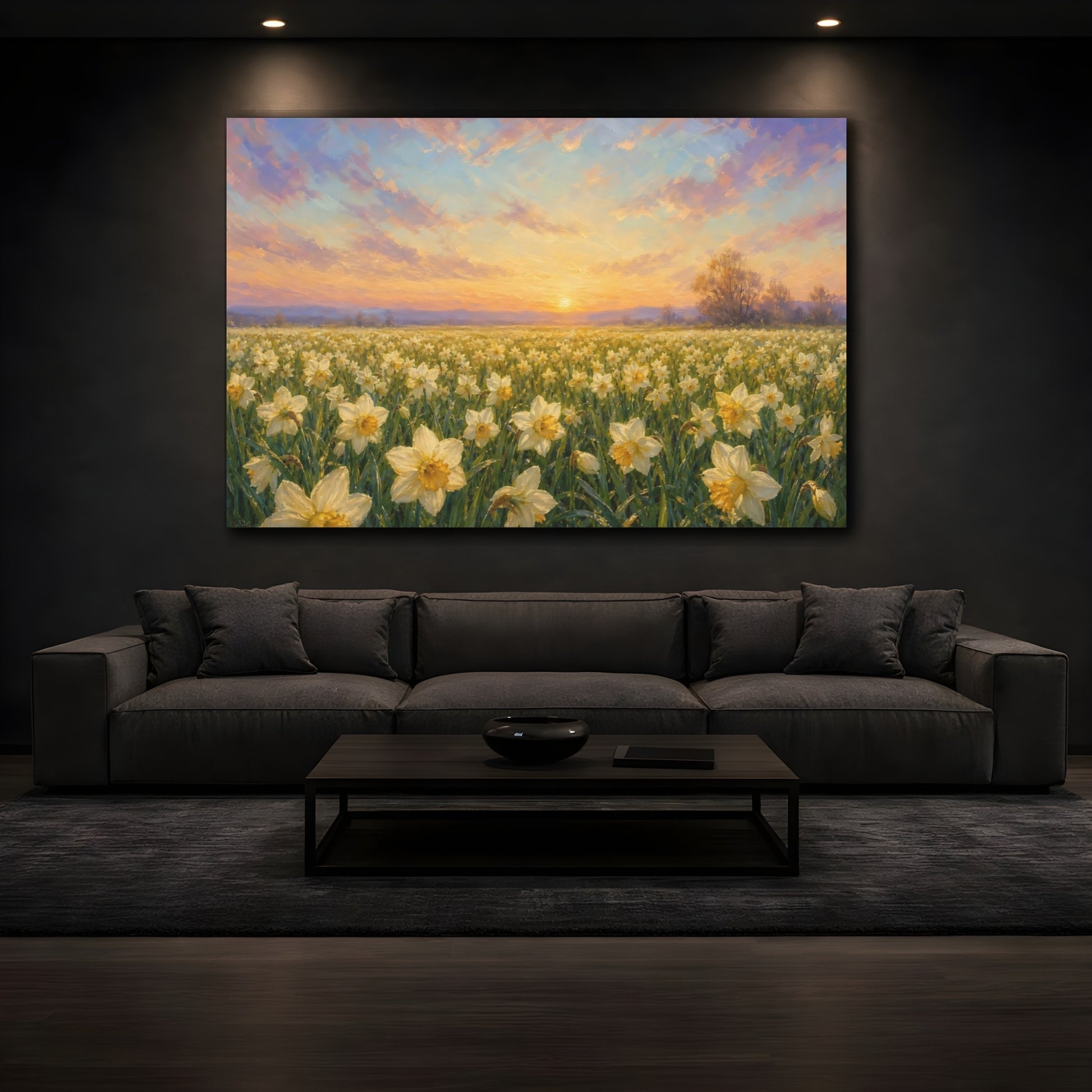 Mockup 3. Romantic Oil Painting Field Of Cream Spring Daffodils Under Early Dawn shown as stretched canvas wall art