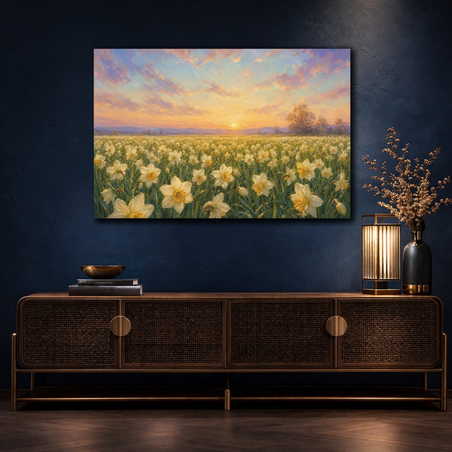 Mockup 4. Romantic Oil Painting Field Of Cream Spring Daffodils Under Early Dawn shown as stretched canvas wall art