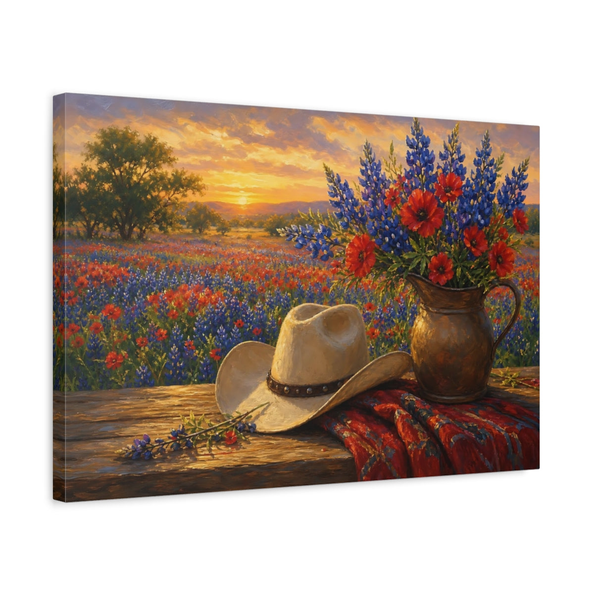 Side Mockup 3. Romantic Oil Painting Field Of Red Texas Bluebonnets Under Golden Haze shown as stretched canvas wall art