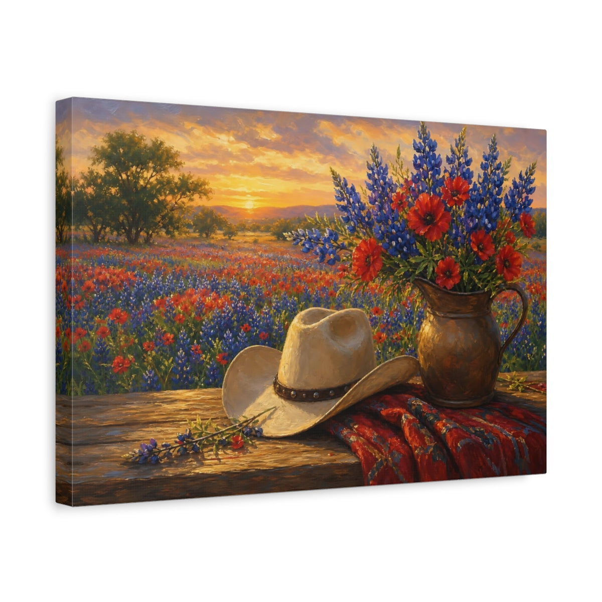Side Mockup 4. Romantic Oil Painting Field Of Red Texas Bluebonnets Under Golden Haze shown as stretched canvas wall art