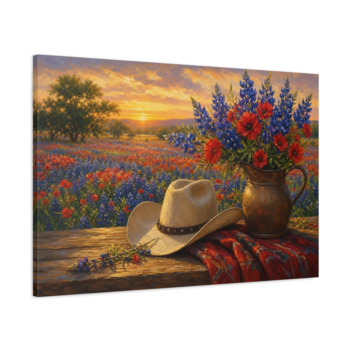 Main Mockup. Romantic Oil Painting Field Of Red Texas Bluebonnets Under Golden Haze shown as stretched canvas wall art