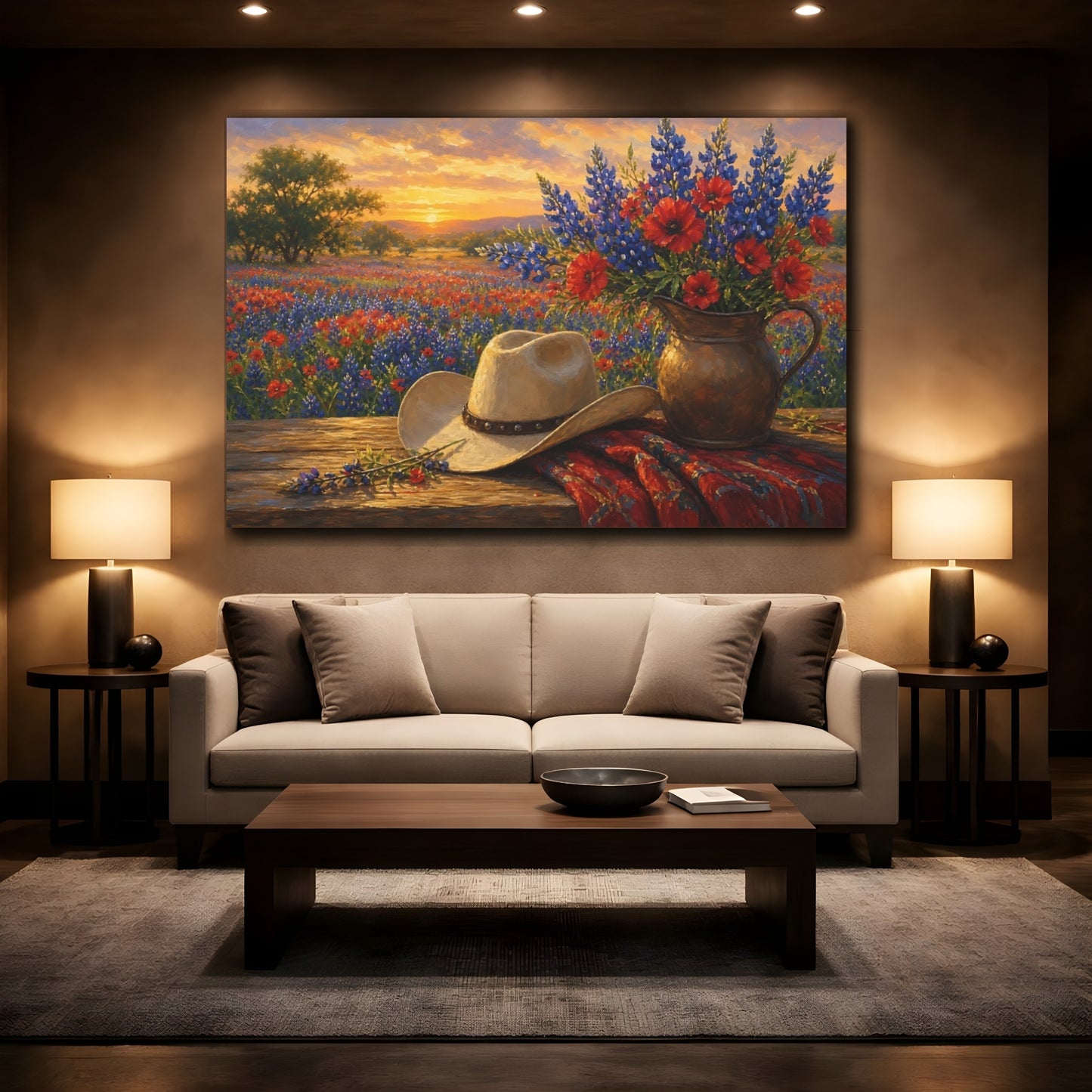 Mockup 2. Romantic Oil Painting Field Of Red Texas Bluebonnets Under Golden Haze shown as stretched canvas wall art