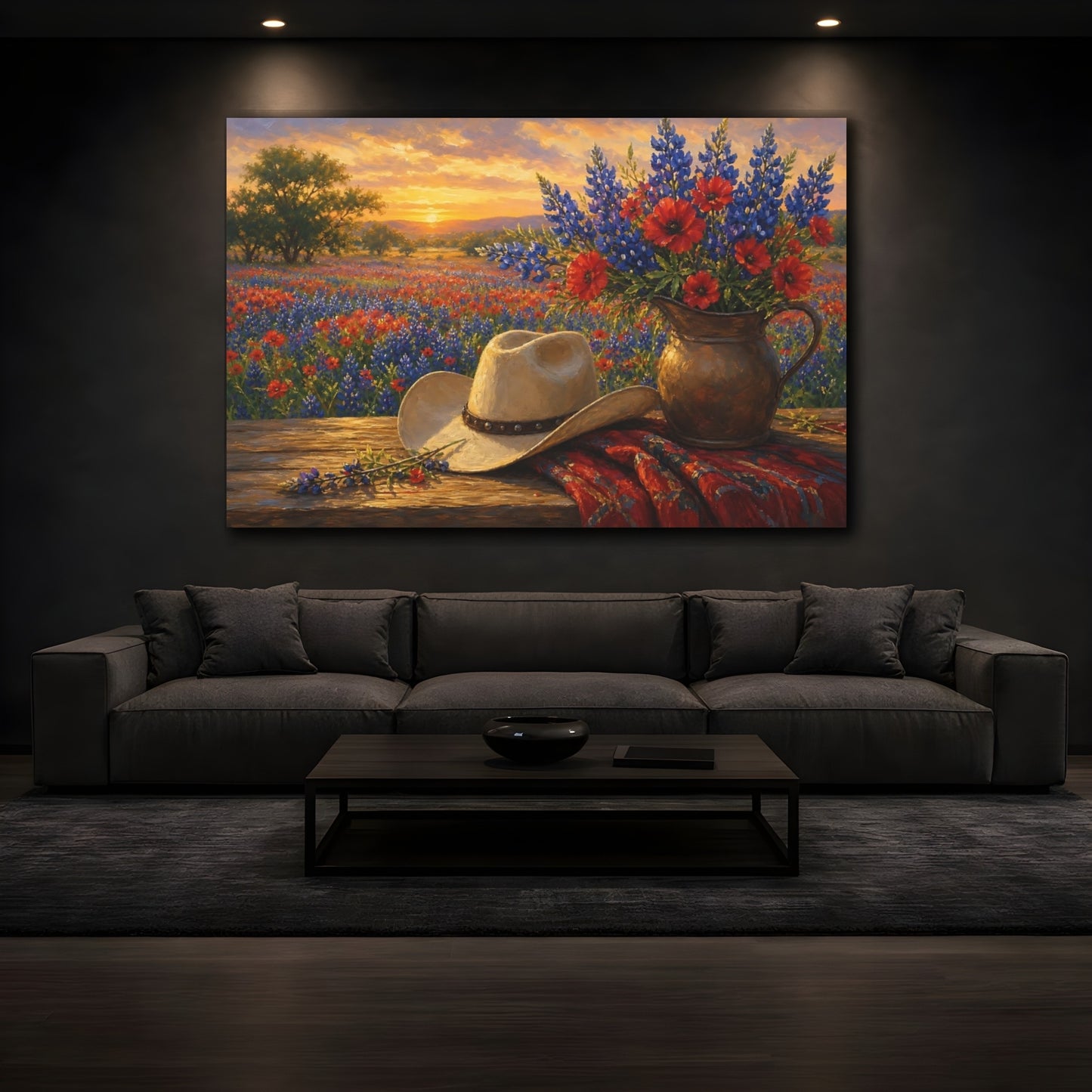 Mockup 3. Romantic Oil Painting Field Of Red Texas Bluebonnets Under Golden Haze shown as stretched canvas wall art