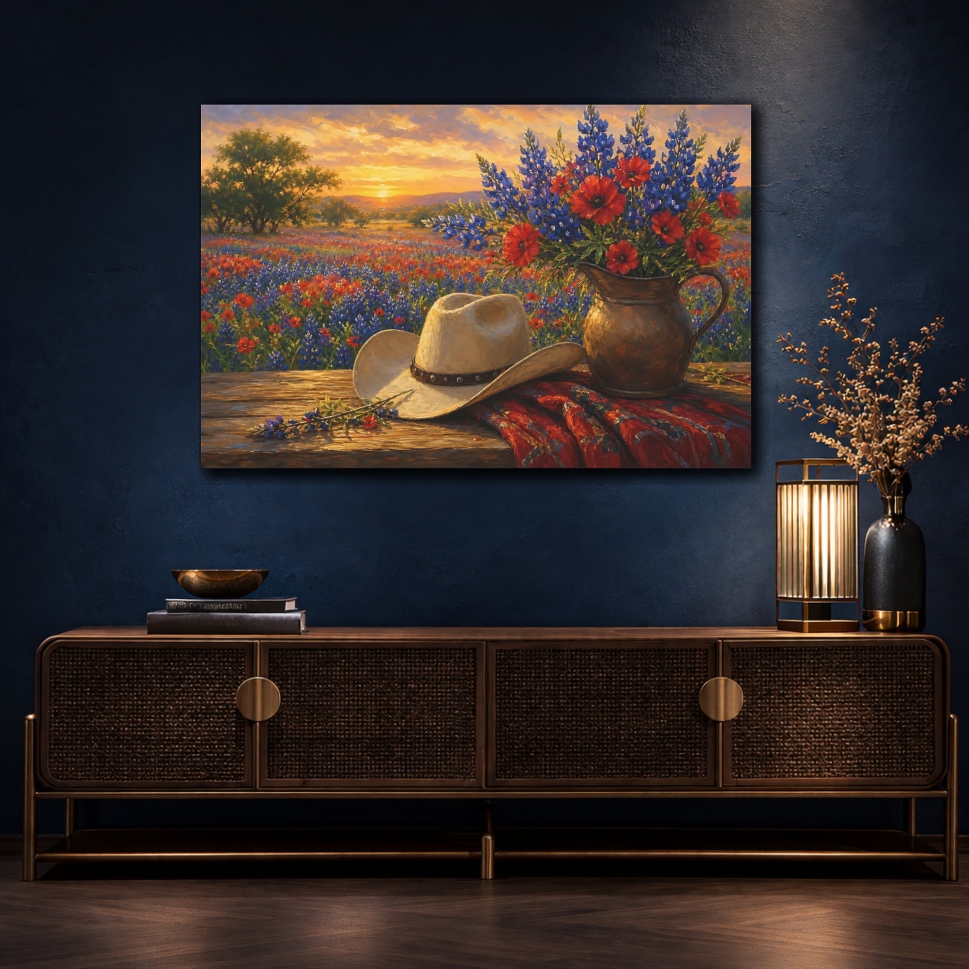 Mockup 4. Romantic Oil Painting Field Of Red Texas Bluebonnets Under Golden Haze shown as stretched canvas wall art