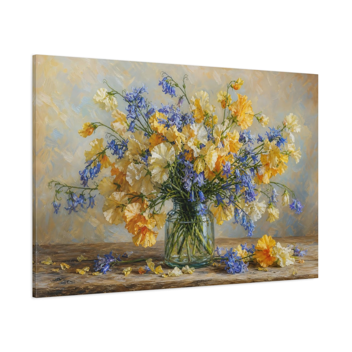 Side Mockup 1. Romantic Oil Painting Golden And Cream Sweet Peas Bluebells In Clear Bottle shown as stretched canvas wall art