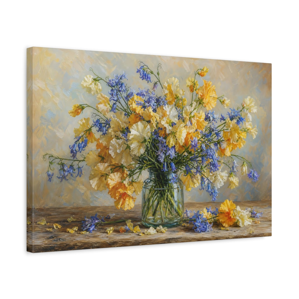 Side Mockup 3. Romantic Oil Painting Golden And Cream Sweet Peas Bluebells In Clear Bottle shown as stretched canvas wall art
