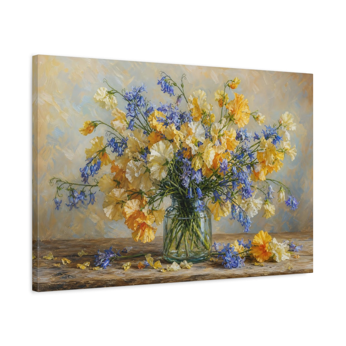 Side Mockup 2. Romantic Oil Painting Golden And Cream Sweet Peas Bluebells In Clear Bottle shown as stretched canvas wall art