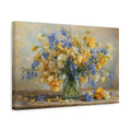 Side Mockup 4. Romantic Oil Painting Golden And Cream Sweet Peas Bluebells In Clear Bottle shown as stretched canvas wall art