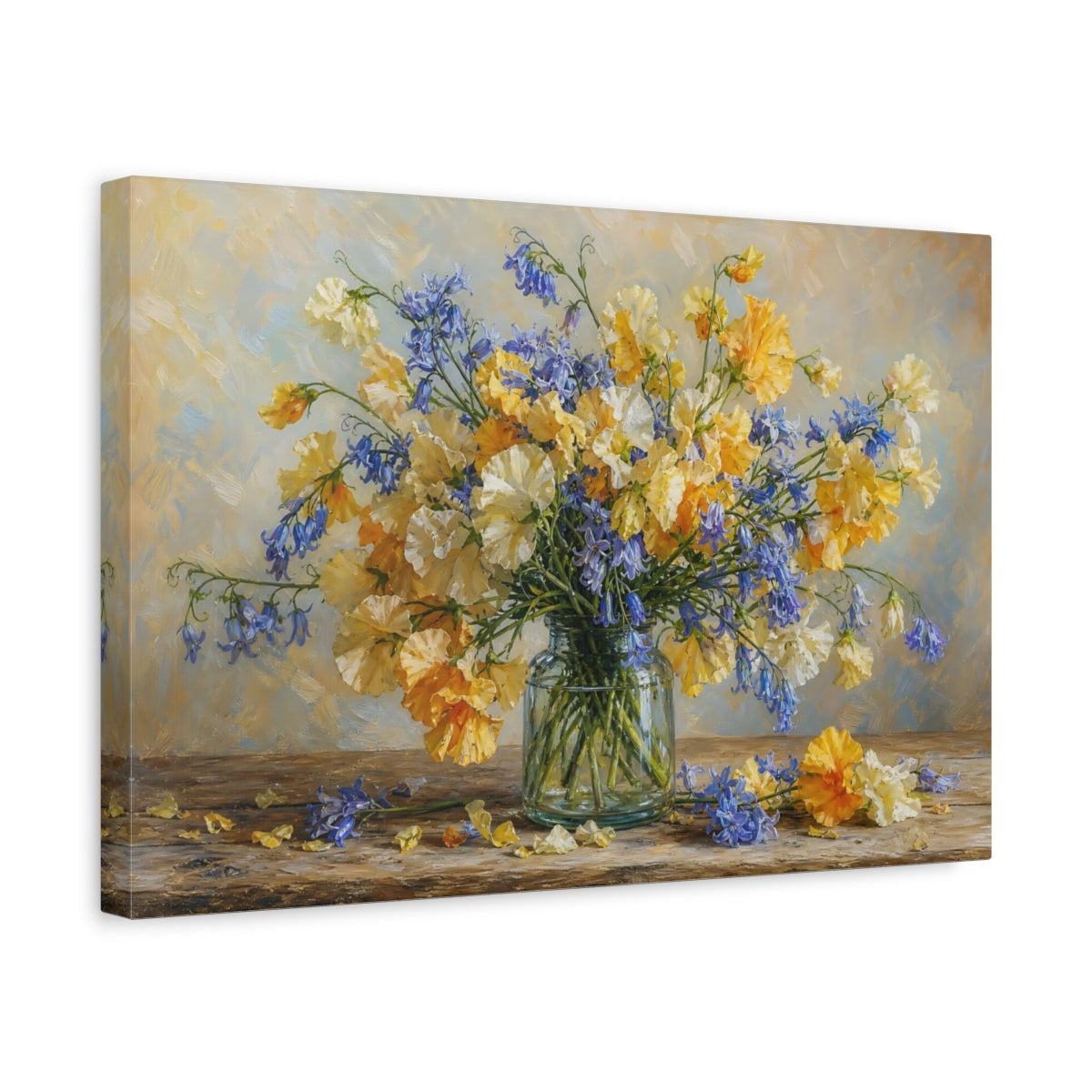 Side Mockup 4. Romantic Oil Painting Golden And Cream Sweet Peas Bluebells In Clear Bottle shown as stretched canvas wall art