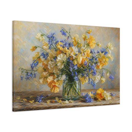 Main Mockup. Romantic Oil Painting Golden And Cream Sweet Peas Bluebells In Clear Bottle shown as stretched canvas wall art