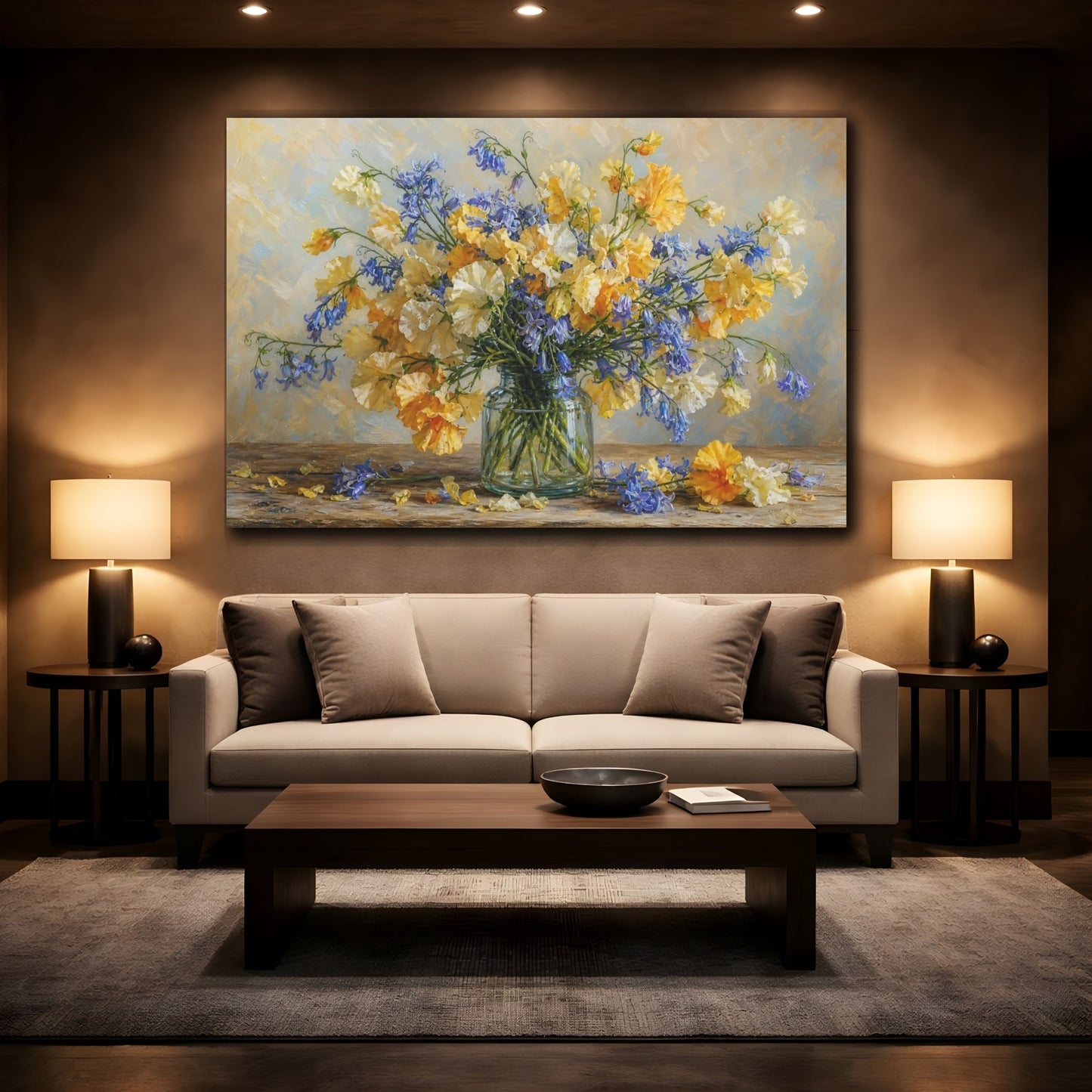 Mockup 2. Romantic Oil Painting Golden And Cream Sweet Peas Bluebells In Clear Bottle shown as stretched canvas wall art