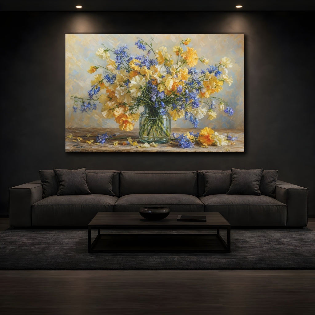 Mockup 3. Romantic Oil Painting Golden And Cream Sweet Peas Bluebells In Clear Bottle shown as stretched canvas wall art