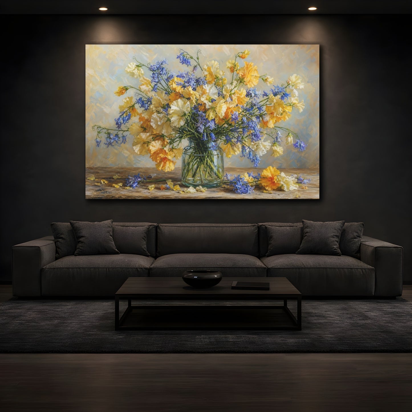 Mockup 3. Romantic Oil Painting Golden And Cream Sweet Peas Bluebells In Clear Bottle shown as stretched canvas wall art