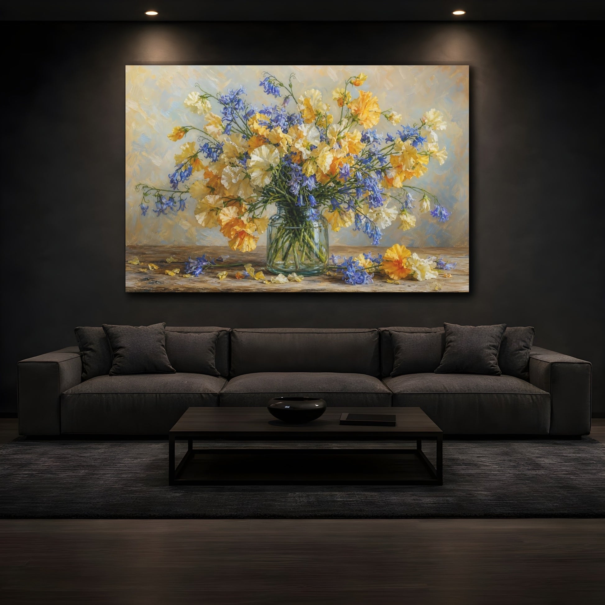 Mockup 3. Romantic Oil Painting Golden And Cream Sweet Peas Bluebells In Clear Bottle shown as stretched canvas wall art