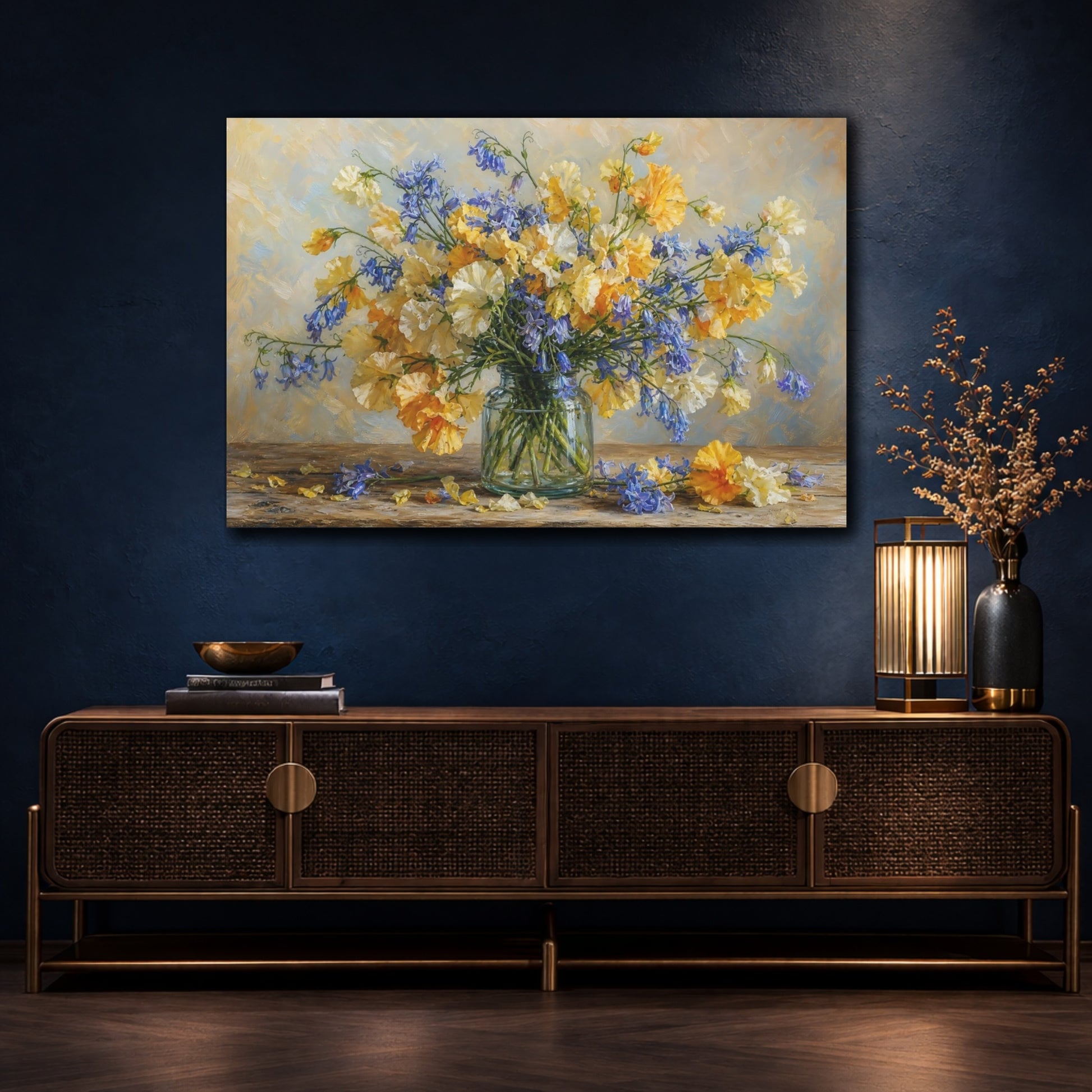 Mockup 4. Romantic Oil Painting Golden And Cream Sweet Peas Bluebells In Clear Bottle shown as stretched canvas wall art