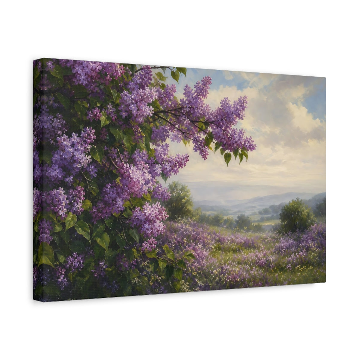 Side Mockup 4. Romantic Oil Painting Lilac Branches Above Misty Field Beneath Cloudy Light shown as stretched canvas wall art