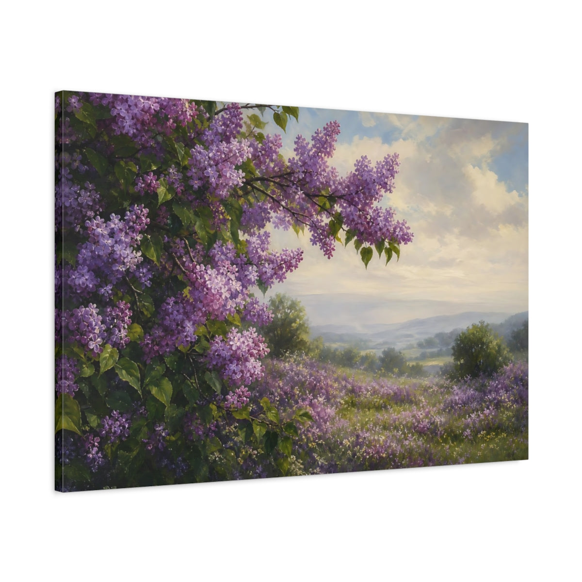 Main Mockup. Romantic Oil Painting Lilac Branches Above Misty Field Beneath Cloudy Light shown as stretched canvas wall art