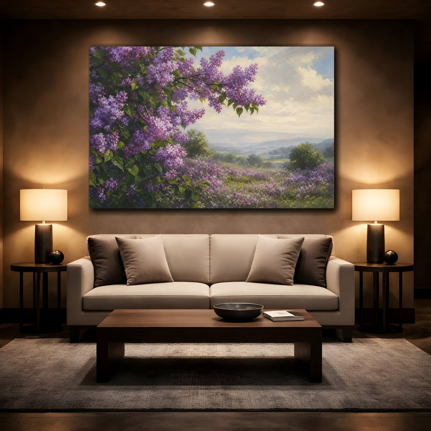 Mockup 2. Romantic Oil Painting Lilac Branches Above Misty Field Beneath Cloudy Light shown as stretched canvas wall art