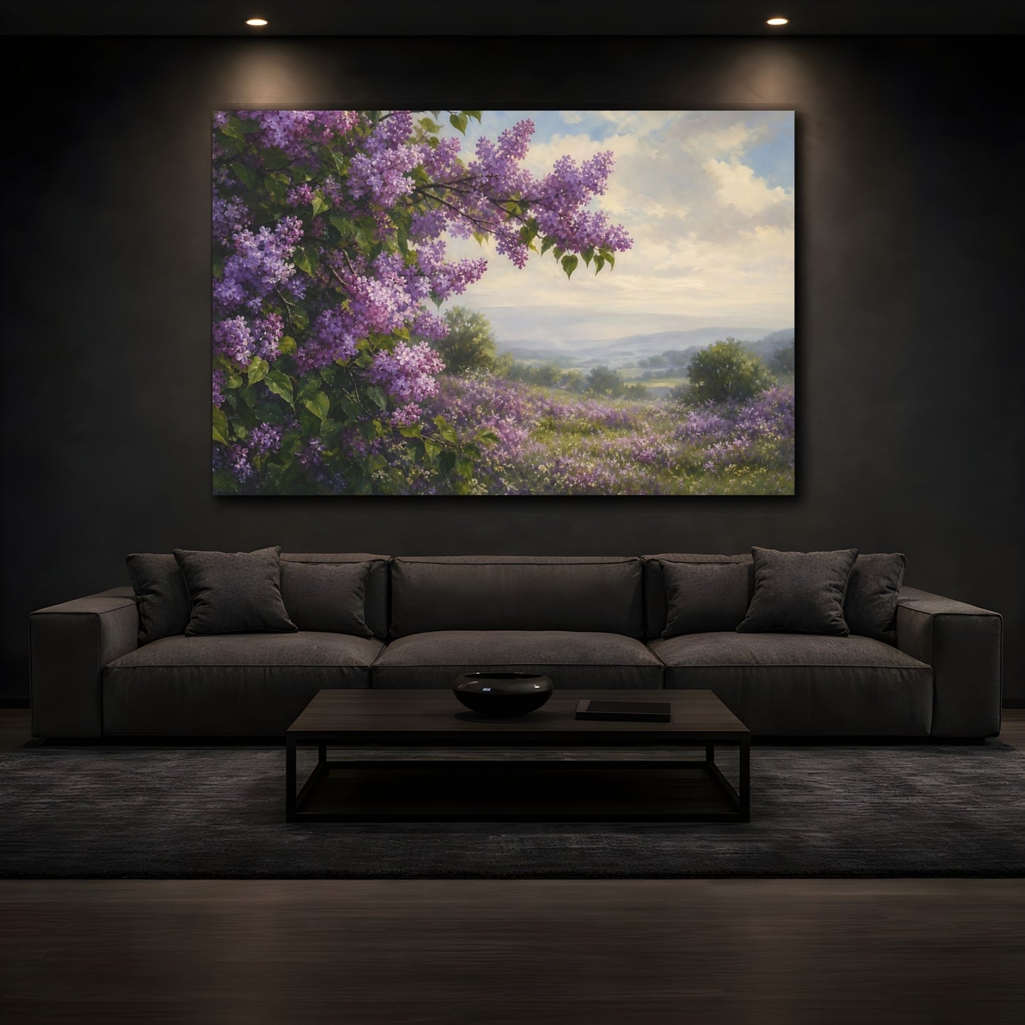 Mockup 3. Romantic Oil Painting Lilac Branches Above Misty Field Beneath Cloudy Light shown as stretched canvas wall art