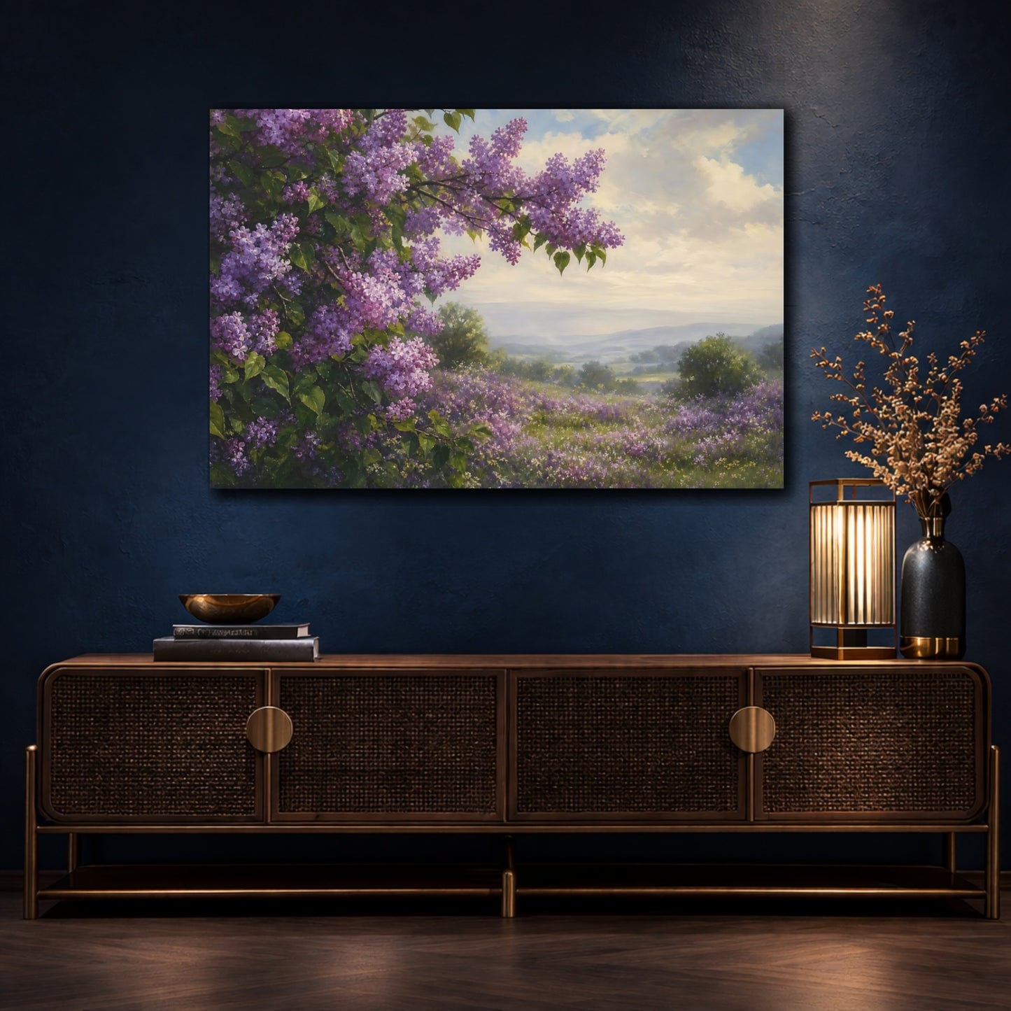Mockup 4. Romantic Oil Painting Lilac Branches Above Misty Field Beneath Cloudy Light shown as stretched canvas wall art
