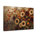 Side Mockup 4. Romantic Oil Painting Mixed Burgundy And Cream Sunflowers Marigolds Near Iron Gate shown as stretched canvas wall art