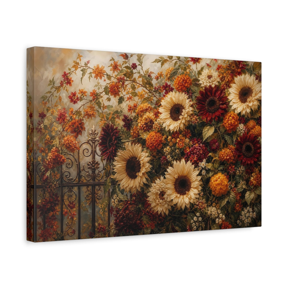 Side Mockup 4. Romantic Oil Painting Mixed Burgundy And Cream Sunflowers Marigolds Near Iron Gate shown as stretched canvas wall art