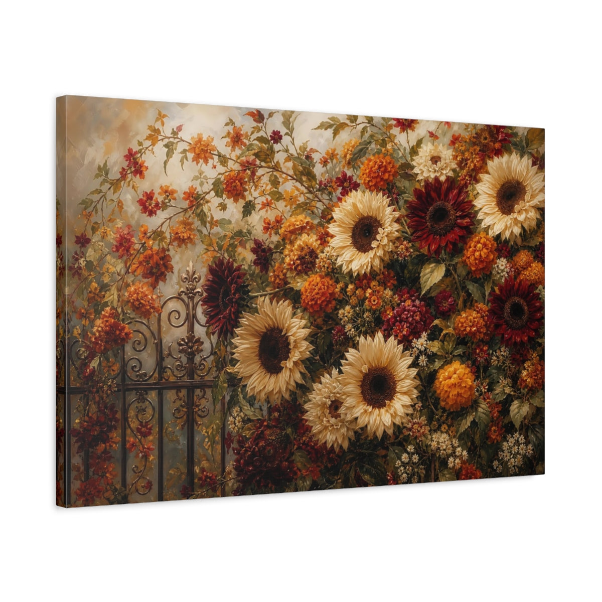 Side Mockup 2. Romantic Oil Painting Mixed Burgundy And Cream Sunflowers Marigolds Near Iron Gate shown as stretched canvas wall art