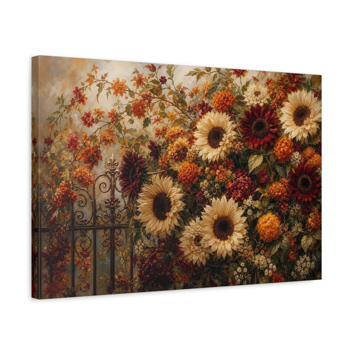 Side Mockup 3. Romantic Oil Painting Mixed Burgundy And Cream Sunflowers Marigolds Near Iron Gate shown as stretched canvas wall art