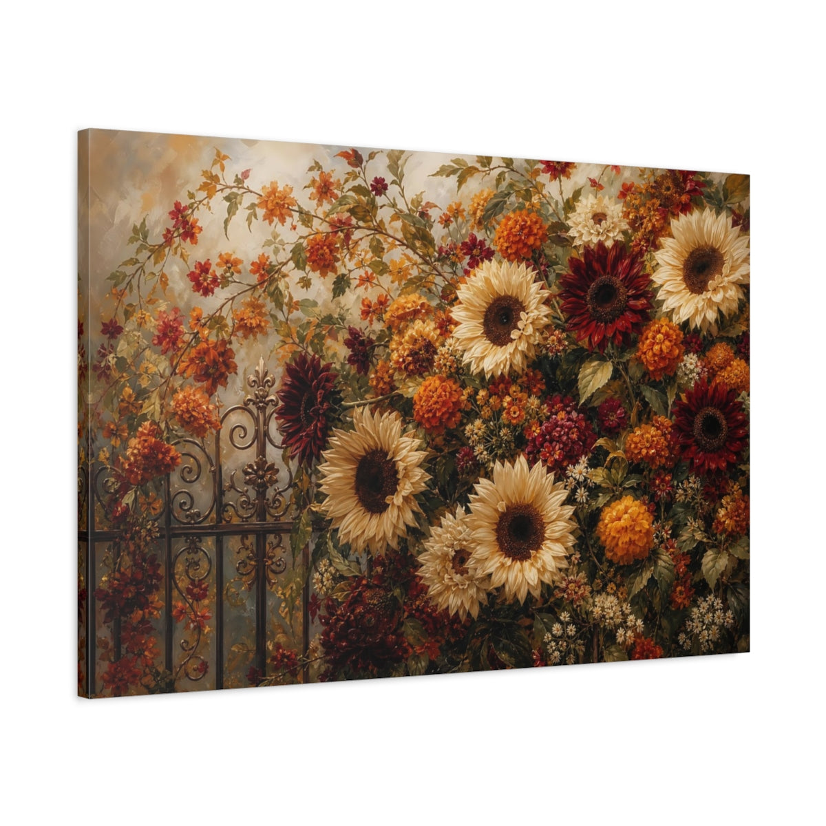 Main Mockup. Romantic Oil Painting Mixed Burgundy And Cream Sunflowers Marigolds Near Iron Gate shown as stretched canvas wall art